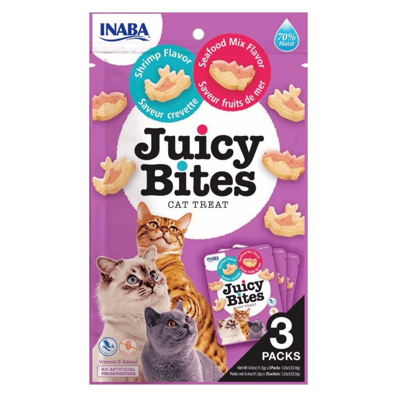 Soft & Chewy Cat Treat - JUICY BITES - Shrimp and Seafood Mix Flavors - 0.4 oz pouch, pack of 3* - J & J Pet Club - Inaba
