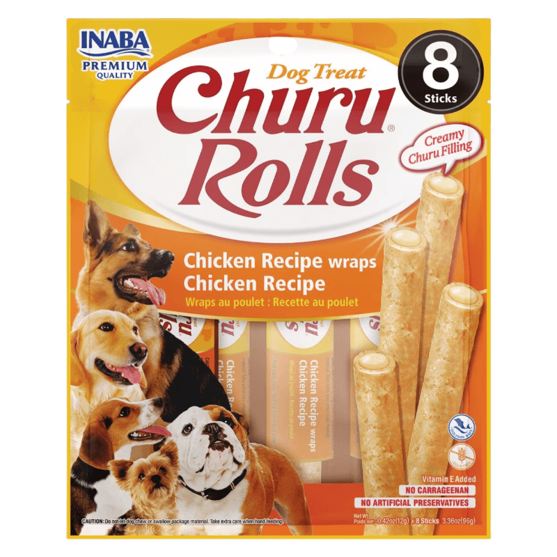 Soft & Chewy Dog Treat - CHURU ROLLS - Chicken Recipe - 0.42 oz tube, pack of 8 - J & J Pet Club - Inaba