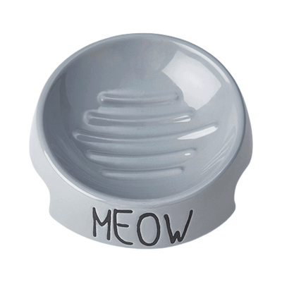 Stoneware Pet Bowl - "Meow" - Gray - 5" Inverted Bowl, 6 oz (Dishwasher Safe) - J & J Pet Club - PetRageous