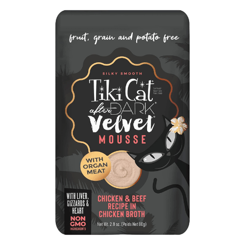 Wet Cat Food - AFTER DARK VELVET MOUSSE - Chicken & Beef Recipe - 2.8 oz pouch - J & J Pet Club - Tiki Cat