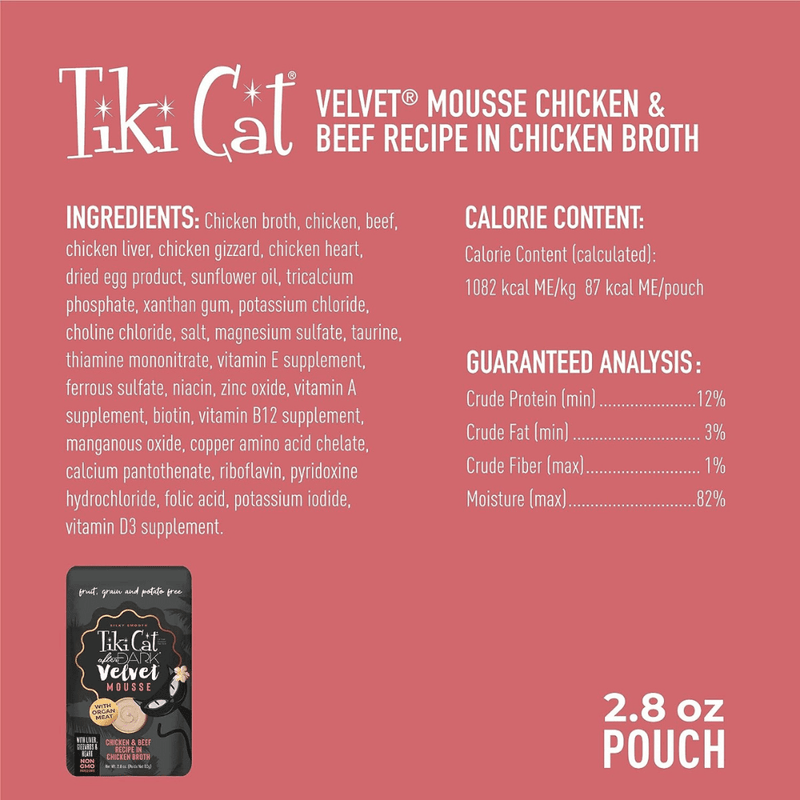 Wet Cat Food - AFTER DARK VELVET MOUSSE - Chicken & Beef Recipe - 2.8 oz pouch - J & J Pet Club - Tiki Cat