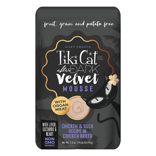 Wet Cat Food - AFTER DARK VELVET MOUSSE - Chicken & Duck Recipe - 2.8 oz pouch - J & J Pet Club - Tiki Cat