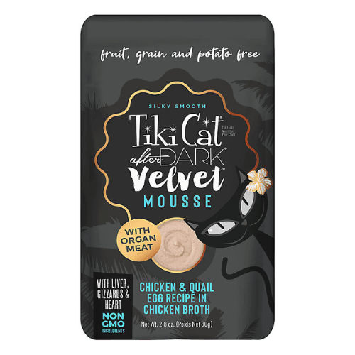Wet Cat Food - AFTER DARK VELVET MOUSSE - Chicken & Quail Egg Recipe - 2.8 oz pouch - J & J Pet Club - Tiki Cat