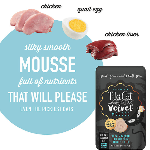 Wet Cat Food - AFTER DARK VELVET MOUSSE - Chicken & Quail Egg Recipe - 2.8 oz pouch - J & J Pet Club - Tiki Cat
