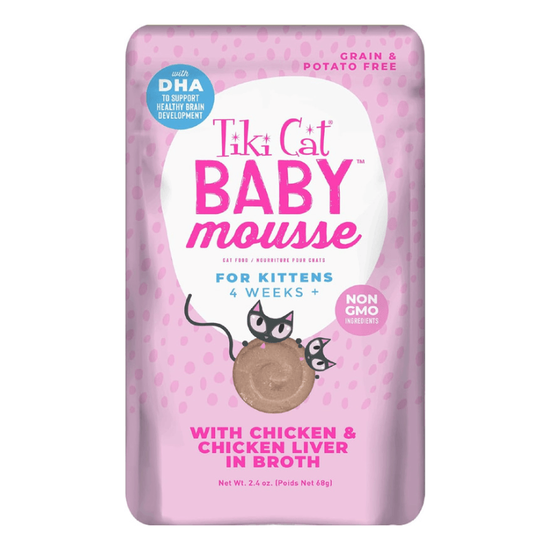 Wet Cat Food - BABY MOUSSE - with Chicken & Chicken Liver in Broth For Kittens - 2.4 oz pouch - J & J Pet Club - Tiki Cat
