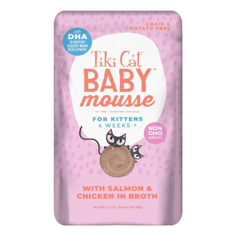 Wet Cat Food - BABY MOUSSE - with Salmon & Chicken in Broth For Kittens - 2.4 oz pouch - J & J Pet Club - Tiki Cat
