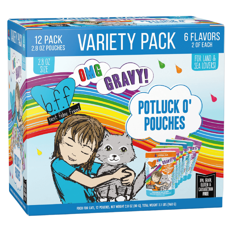 Wet Cat Food - BFF OMG GRAVY - Potluck O' Pouches - Variety Pack - 2.8 oz pouch, pack of 12 - J & J Pet Club - Weruva