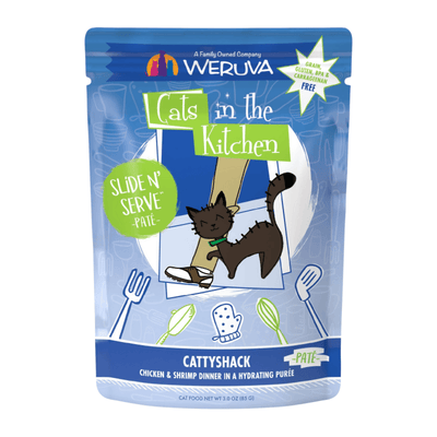 Wet Cat Food - Cats in the Kitchen SNS Paté - Cattyshack - Chicken & Shrimp Dinner in a Hydrating Purée - 3 oz pouch - J & J Pet Club - Weruva