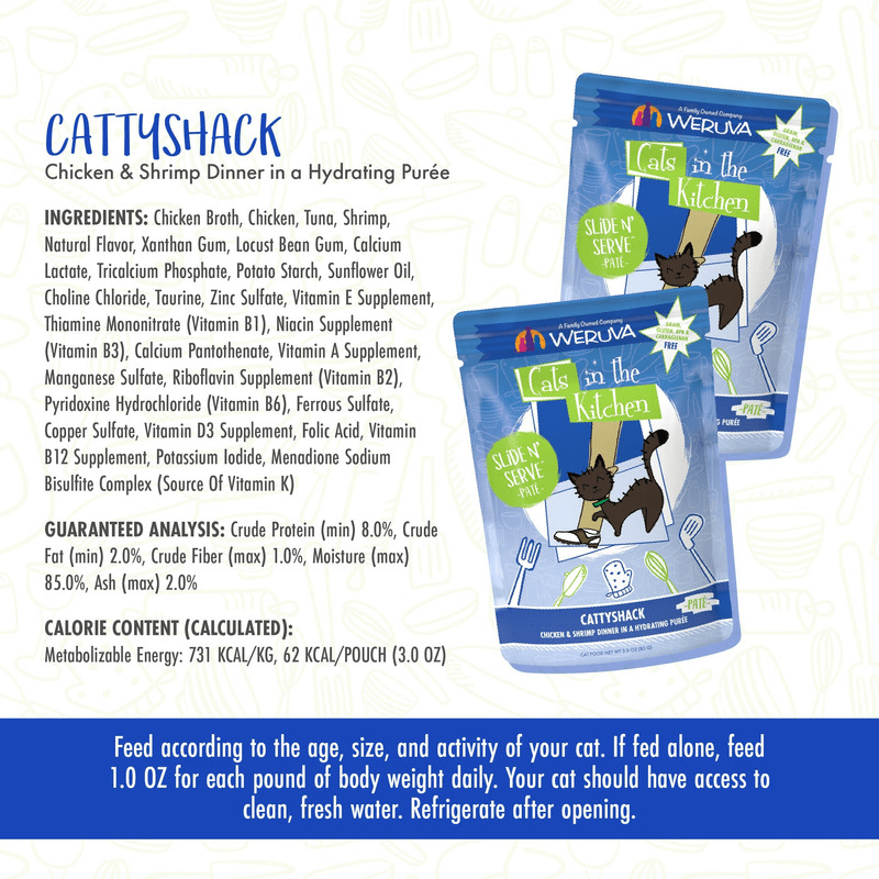 Wet Cat Food - Cats in the Kitchen SNS Paté - Cattyshack - Chicken & Shrimp Dinner in a Hydrating Purée - 3 oz pouch - J & J Pet Club - Weruva
