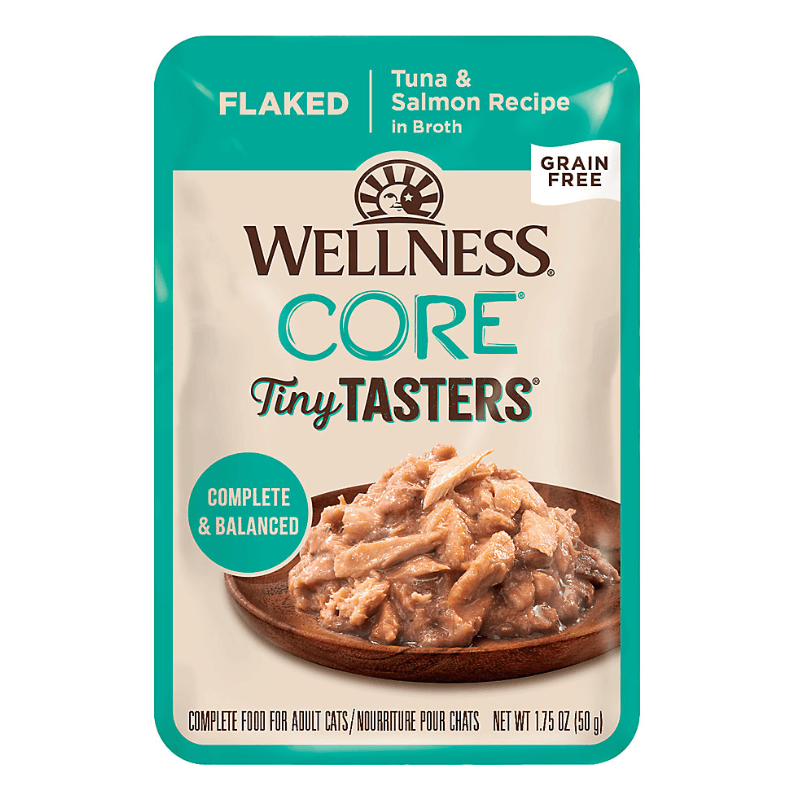 Wet Cat Food - CORE Tiny Tasters - Flaked - Tuna & Salmon Recipe in Broth - 1.75 oz pouch - J & J Pet Club - Wellness