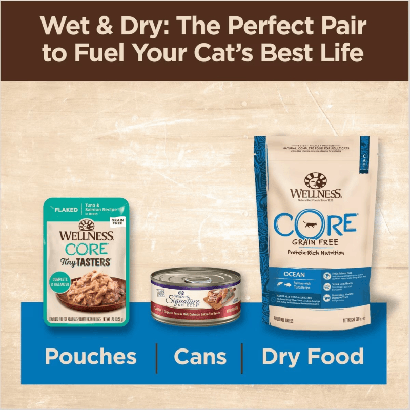 Wet Cat Food - CORE Tiny Tasters - Flaked - Tuna & Shrimp Recipe in Broth - 1.75 oz pouch - J & J Pet Club - Wellness