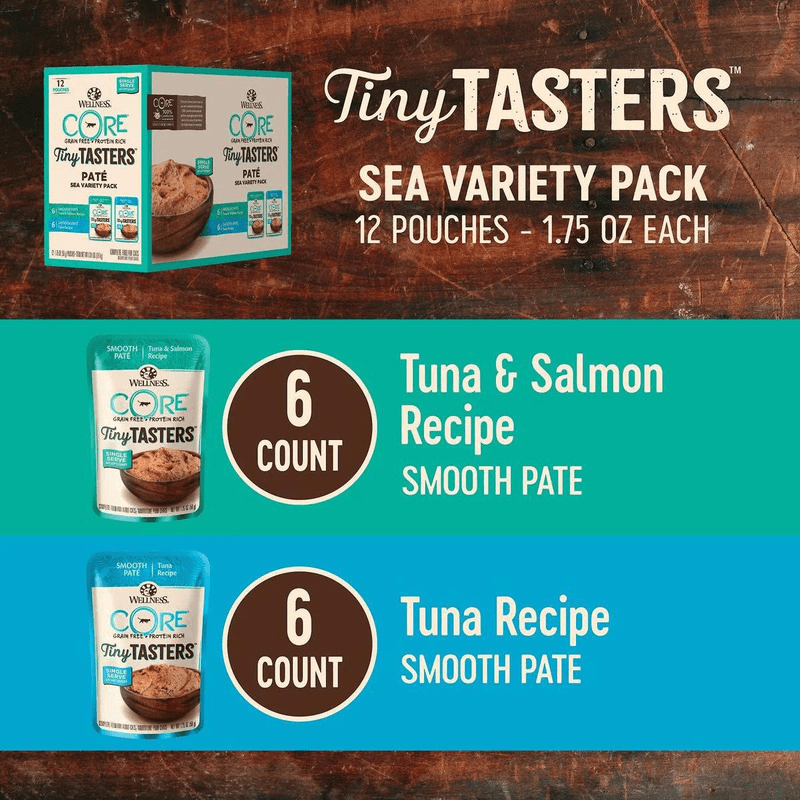 Wet Cat Food - CORE Tiny Tasters - Smooth Paté - Sea Variety Pack - 1.75 oz pouch, case of 12 - J & J Pet Club - Wellness