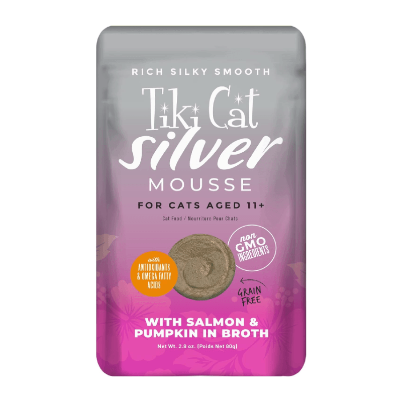 Wet Cat Food - SILVER MOUSSE - Salmon & Pumpkin in Broth For Senior Cats Aged 11+, 2.8 oz pouch - J & J Pet Club