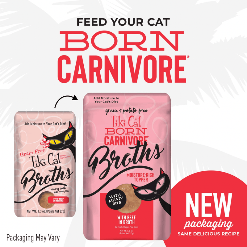 Wet Cat Food Topper - BORN CARNIVORE - Beef in Broth - 1.3 oz pouch - J & J Pet Club - Tiki Cat