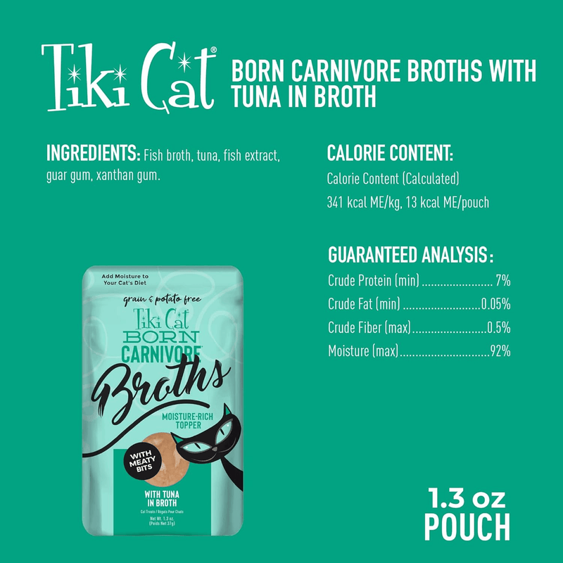 Wet Cat Food Topper - BORN CARNIVORE - Tuna in Broth - 1.3 oz pouch - J & J Pet Club - Tiki Cat