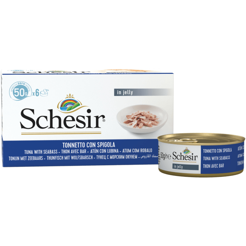 Wet Cat Food Topper - IN JELLY - Tuna & Seabass - 50 g can, case of 6 - J & J Pet Club - Schesir