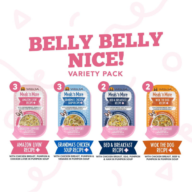 Wet Dog Food - Meals' n More - Belly Belly Nice! - Digestive Support Variety Pack - 3.5 oz cup, pack of 10 - J & J Pet Club - Weruva
