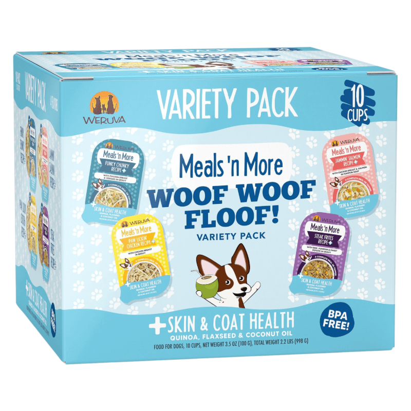 Wet Dog Food - Meals' n More - Woof Woof Floof! - Skin & Coat Health Variety Pack - 3.5 oz cup, pack of 10 - J & J Pet Club - Weruva