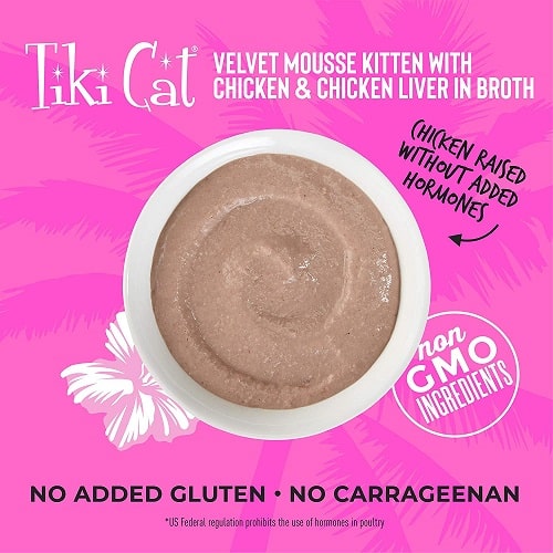 Cat Pouch - VELVET MOUSSE - Kitten Mousse with Chicken & Chicken Liver in Broth - 2.4 oz Tiki Cat Wet Cat Food.