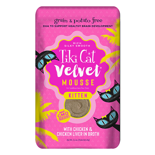 Cat Pouch - VELVET MOUSSE - Kitten Mousse with Chicken & Chicken Liver in Broth - 2.4 oz Tiki Cat Wet Cat Food.