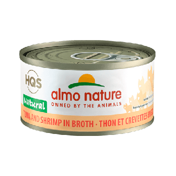 Canned Adult Cat Treat - HQS Natural - Tuna and Shrimps in broth - 2.47 oz - J & J Pet Club - Almo Nature