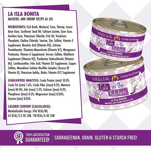 Canned Cat Food - Cats in the Kitchen - La Isla Bonita - Mackerel and Shrimp Recipe Au Jus - J & J Pet Club - Weruva