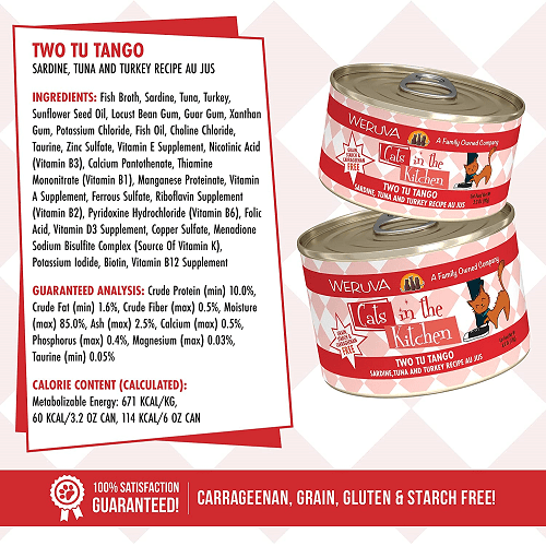 Canned Cat Food - Cats in the Kitchen - Two Tu Tango - Sardine, Tuna and Turkey Recipe Au Jus - J & J Pet Club - Weruva