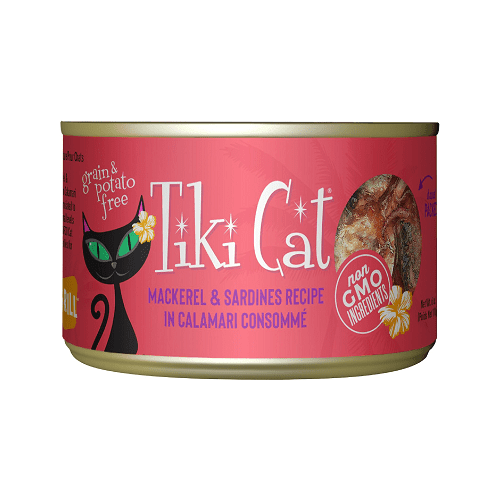 Canned Cat Food - Makaha GRILL - Mackerel & Sardines Recipe in Calamari Consommé - J & J Pet Club - Tiki Cat