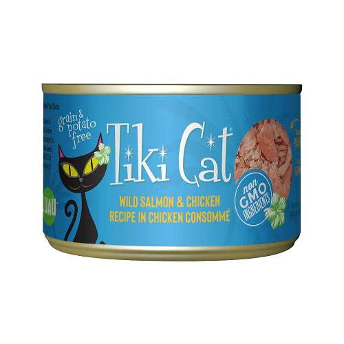 Canned Cat Food - Napili LUAU - Wild Salmon & Chicken Recipe in Chicken Consommé - J & J Pet Club - Tiki Cat