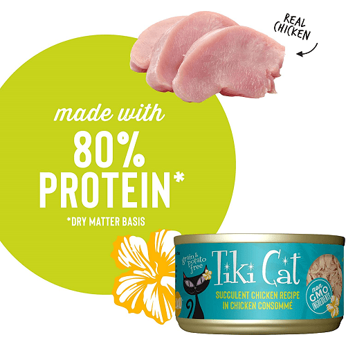 Canned Cat Food - Puka Puka LUAU - Succulent Chicken Recipe in Chicken Consommé - J & J Pet Club - Tiki Cat
