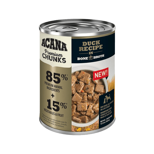 Canned Dog Food - Premium Chunks - Duck Recipe in Bone Broth - 12.8 oz - J & J Pet Club - Acana