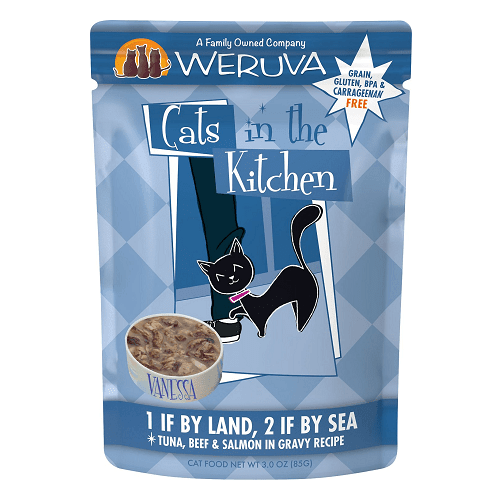 Cat Pouch - Cats in the Kitchen - 1 if By Land, 2 if By Sea - Tuna, Beef & Salmon in Gravy - 3 oz - J & J Pet Club - Weruva