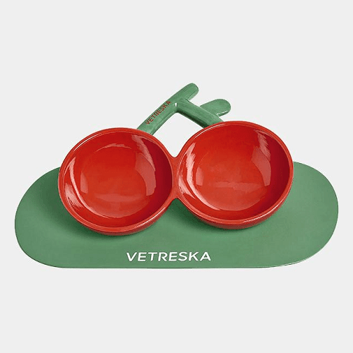 Cherry Ceramic Double Bowl (Free Dinner Mat Included) - J & J Pet Club - Vetreska