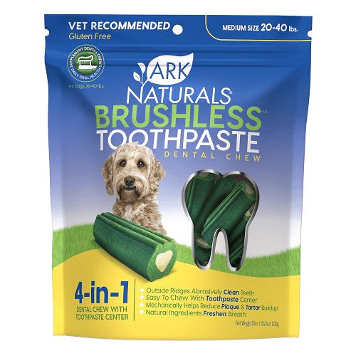 Dog Dental Chew - Medium Brushless Toothpaste - for dogs 20 to 40 lbas - 18 oz - J & J Pet Club - Ark Naturals