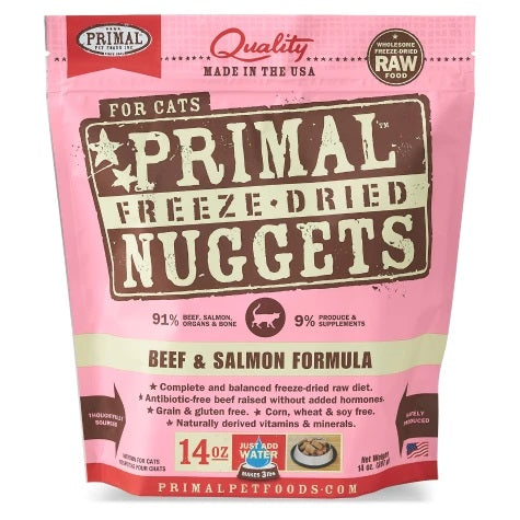 Cat Freeze-Dried Raw, Beef & Salmon Dinner Nuggets Primal Cat Food.