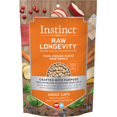 Freeze Dried Raw Cat Food - LONGEVITY - Beef & Cod Bites For Adult Cats - 9.5 oz - J & J Pet Club - Instinct