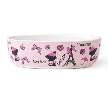 "I Love Paris" Stoneware Cat Bowl - 7" Pink - 2 Cups (Dishwasher Safe) - J & J Pet Club - PetRageous