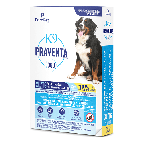 K9 Praventa 360 - Flea & Tick Treatment - Extra Large Dogs over 25 kg - 3 tubes* - J & J Pet Club - Parapet