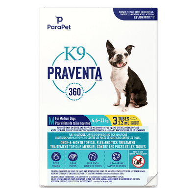 K9 Praventa 360 - Flea & Tick Treatment - Medium Dogs 4.6 kg to 11 kg - 3 tubes - J & J Pet Club - Parapet