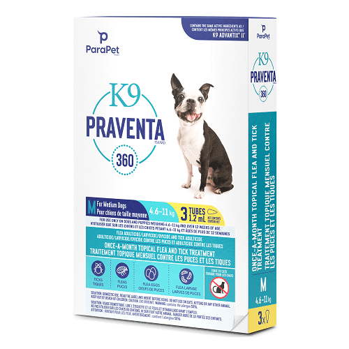 K9 Praventa 360 - Flea & Tick Treatment - Medium Dogs 4.6 kg to 11 kg - 3 tubes - J & J Pet Club - Parapet