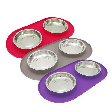 Messy Cat - Double Silicone Cat Feeder with Stainless Saucer Shaped Bowl - 1.75 Cups Per Bowl - J & J Pet Club - Messy Mus