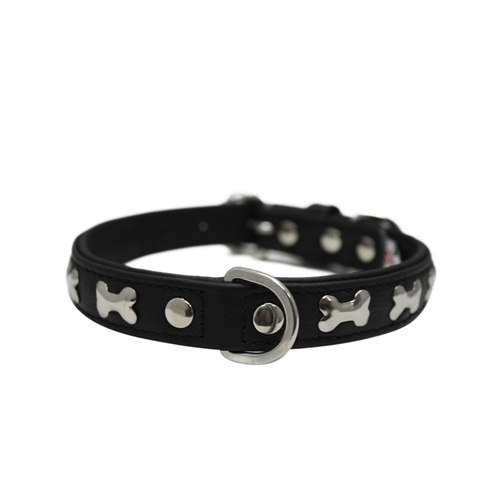 Rotterdam Bones Dog Collar - Metal Bones fitted - Midnight Black - J & J Pet Club - Angel Pet Supplies