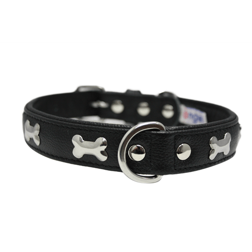 Rotterdam Bones Dog Collar - Metal Bones fitted - Midnight Black - J & J Pet Club - Angel Pet Supplies