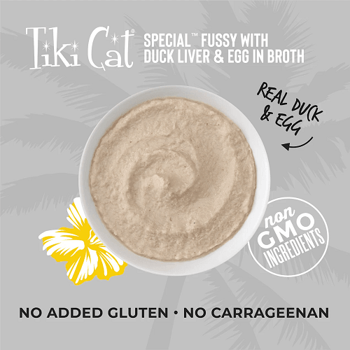 Wet Cat Food - SPECIAL - FUSSY: Duck Liver & Egg in Broth For Adult Cats - 2.4 oz pouch - J & J Pet Club - Tiki Cat