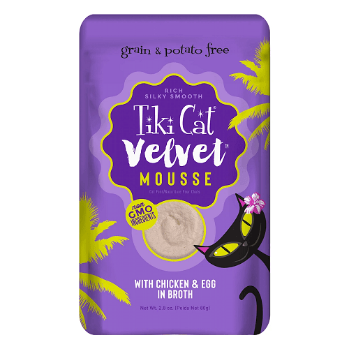 Wet Cat Food - VELVET MOUSSE - Chicken & Egg in Broth - 2.8 oz pouch - J & J Pet Club - Tiki Cat