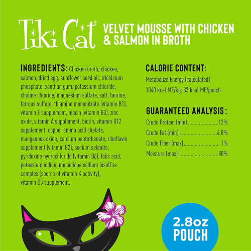 Wet Cat Food - VELVET MOUSSE - Chicken & Salmon in Broth - 2.8 oz pouch - J & J Pet Club - Tiki Cat