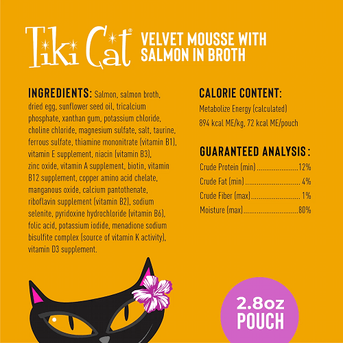 Wet Cat Food - VELVET MOUSSE - Salmon in Broth - 2.8 oz pouch - J & J Pet Club - Tiki Cat