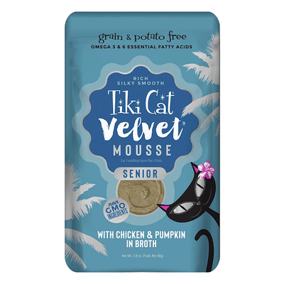 Wet Cat Food - VELVET MOUSSE SENIOR - Mousse with Chicken & Pumpkin in Broth For Senior Cats - 2.8 oz pouch - J & J Pet Club - Tiki Cat