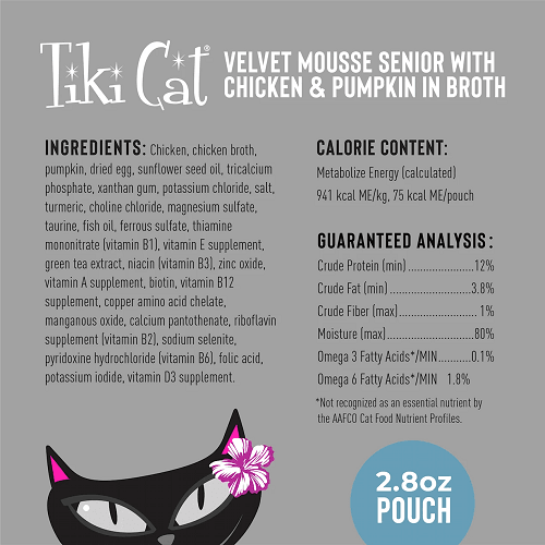 Wet Cat Food - VELVET MOUSSE SENIOR - Mousse with Chicken & Pumpkin in Broth For Senior Cats - 2.8 oz pouch - J & J Pet Club - Tiki Cat