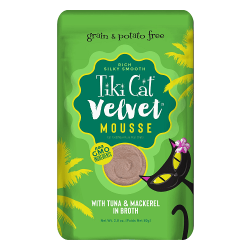Wet Cat Food - VELVET MOUSSE - Tuna & Mackerel in Broth - 2.8 oz pouch - J & J Pet Club - Tiki Cat